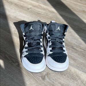 Jordan 1 Mid Kids Black, Gold, and White Sneakers